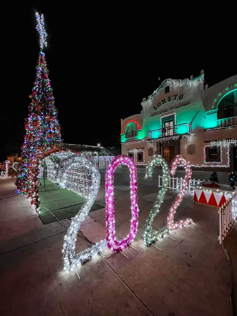 downtown Loreto, Mexico decorated for New Years Eve 2022 and Christmas with lights and a Christmas tree. 