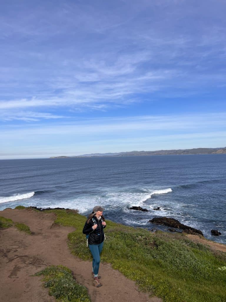 Me on on the Tomales Point hiking trail with the Pacific Ocean in the background.