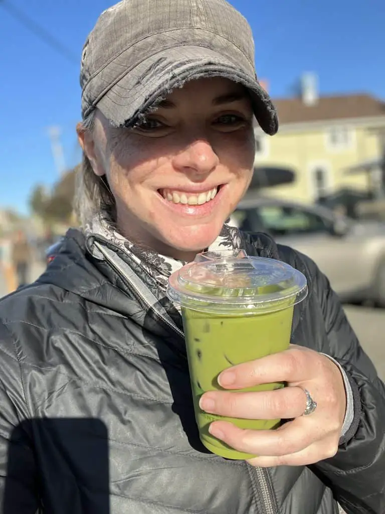 Me drinking matcha from Brickmaiden Breads in Point Reyes.
