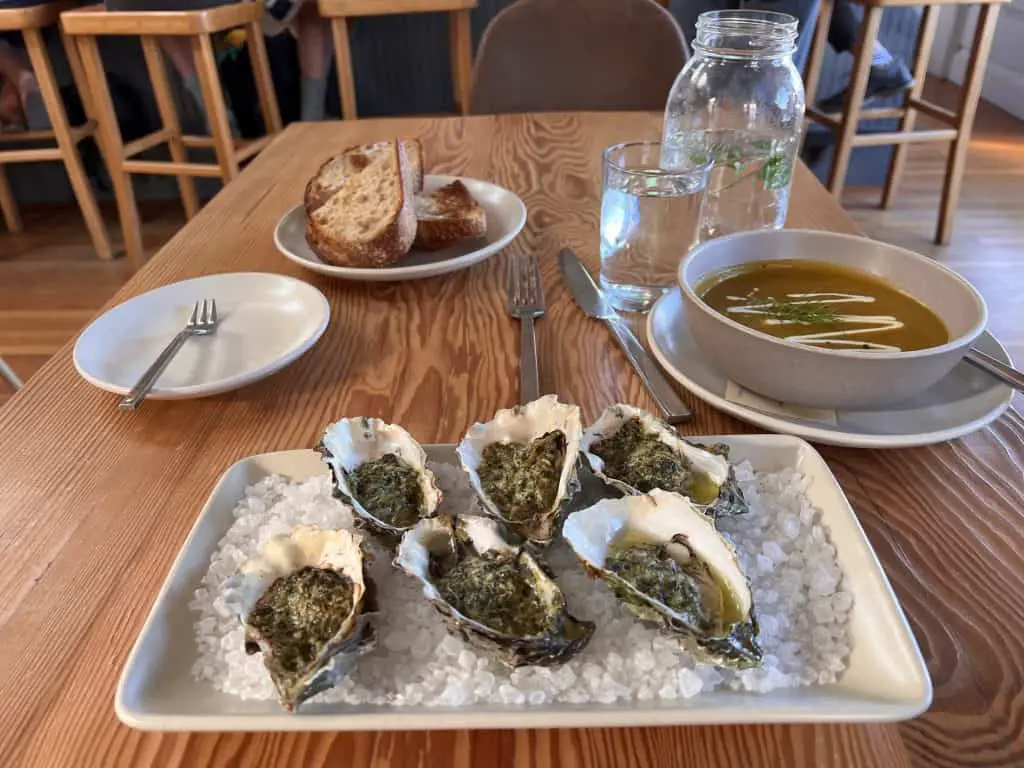 Table with tray of oysters from Tomales Bay.