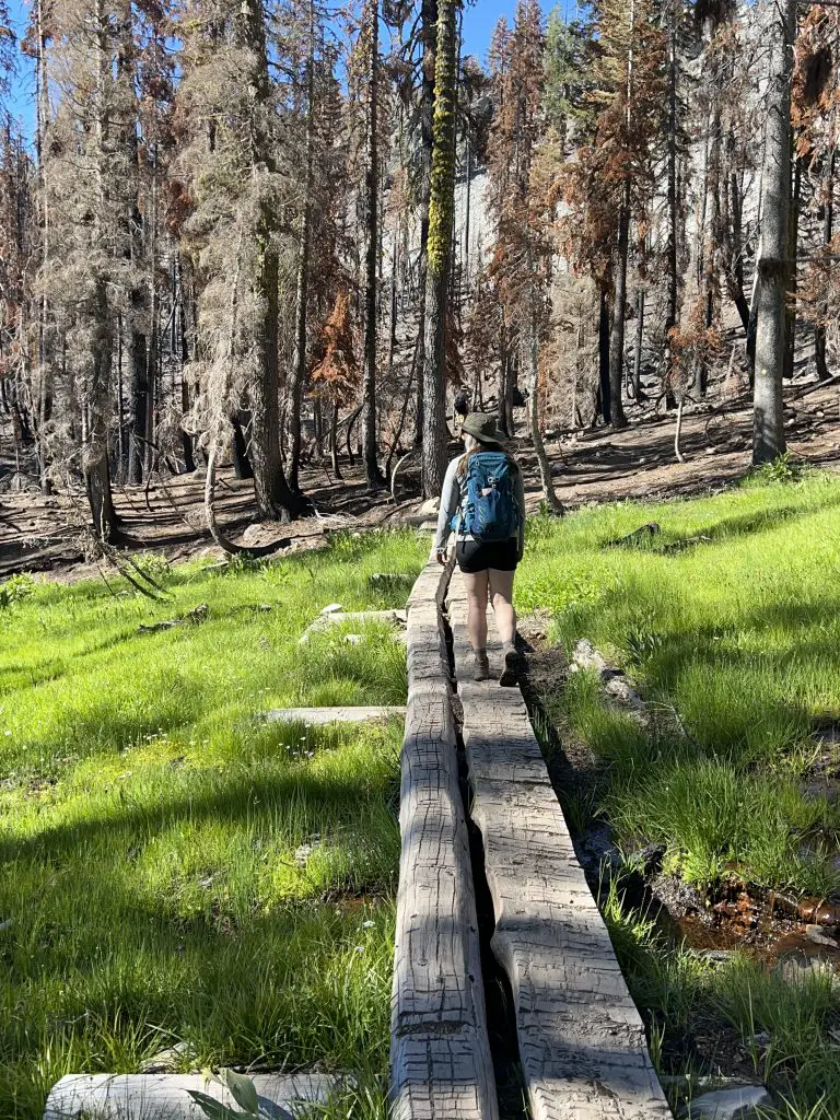 Me hiking across a wooden bridge on the Kings Creek Falls trail in Lassen National Park.