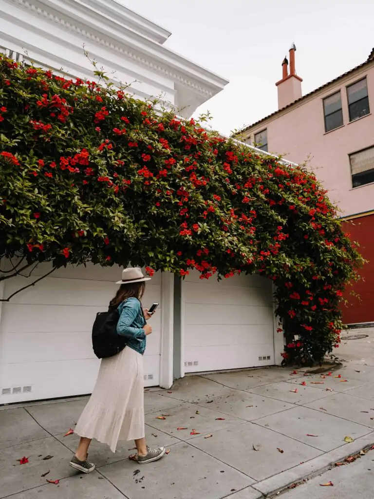 Walking down a San Francisco sidewalk wearing a white dress and a backpack while looking at my phone.