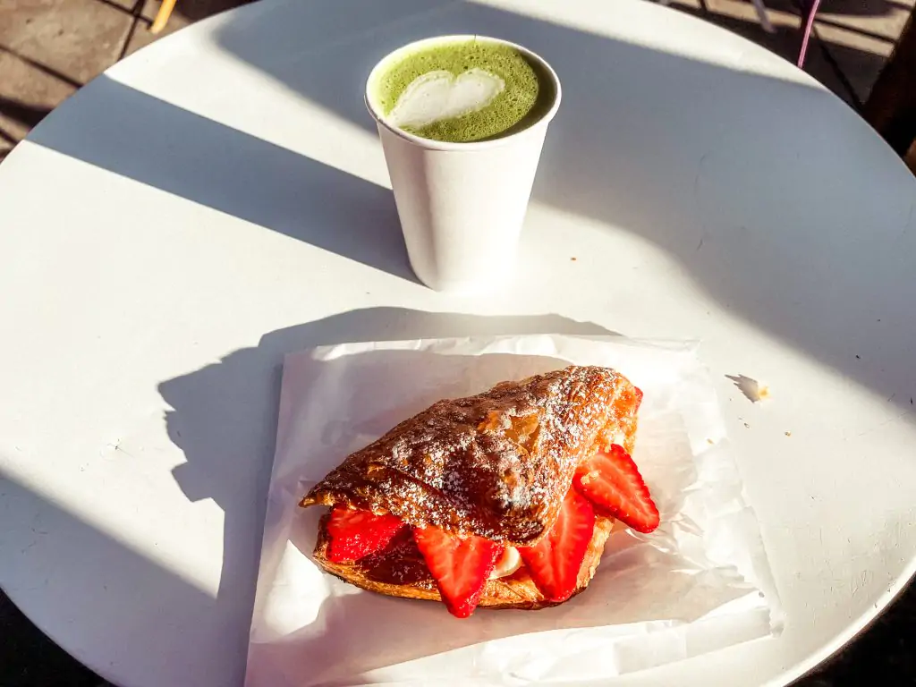 Matcha latte and strawberry pastry from Cinderella Bakery in the Richmond, San Francisco. 