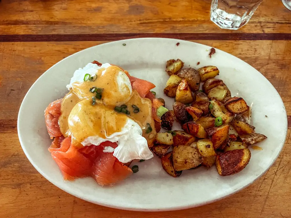 avocado and lox benedict with potatoes from Eats SF restaurant in the Richmond San Francisco.