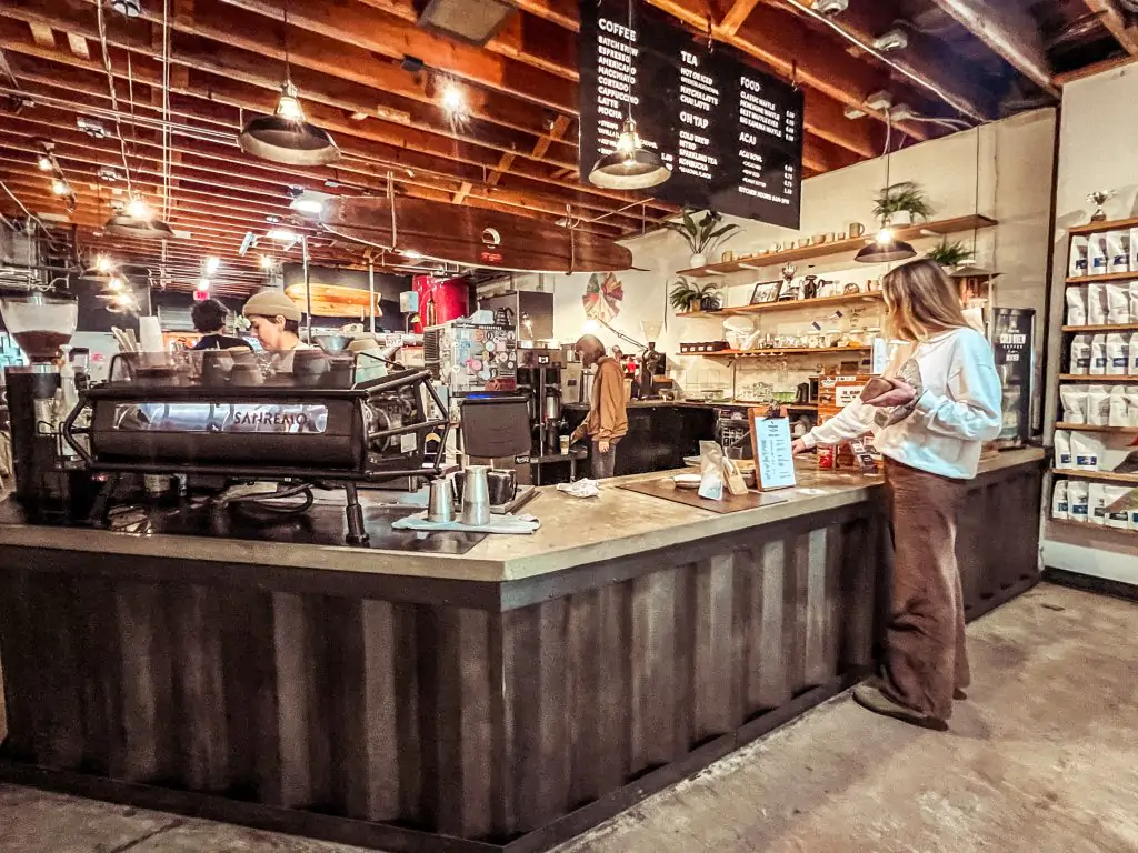 Coffee shop counter at Ocean Beach Coffee Roaster in San Diego.
