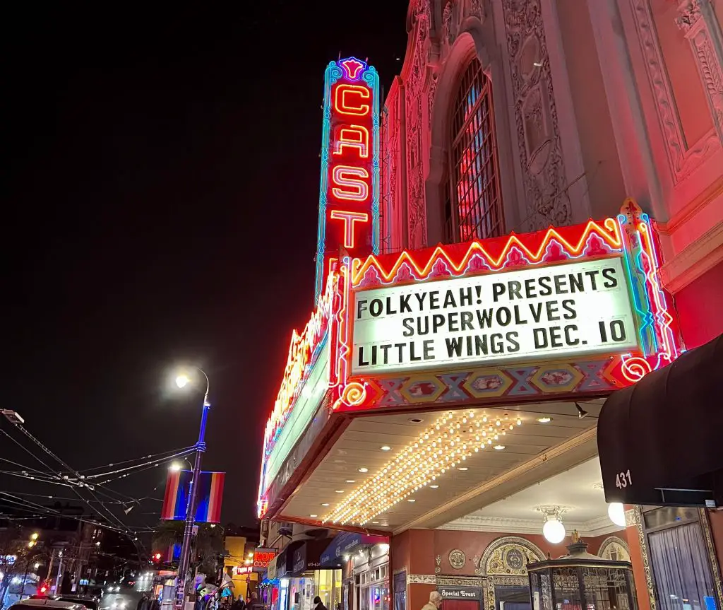 The Castro Theater lit up at night in San Francisco