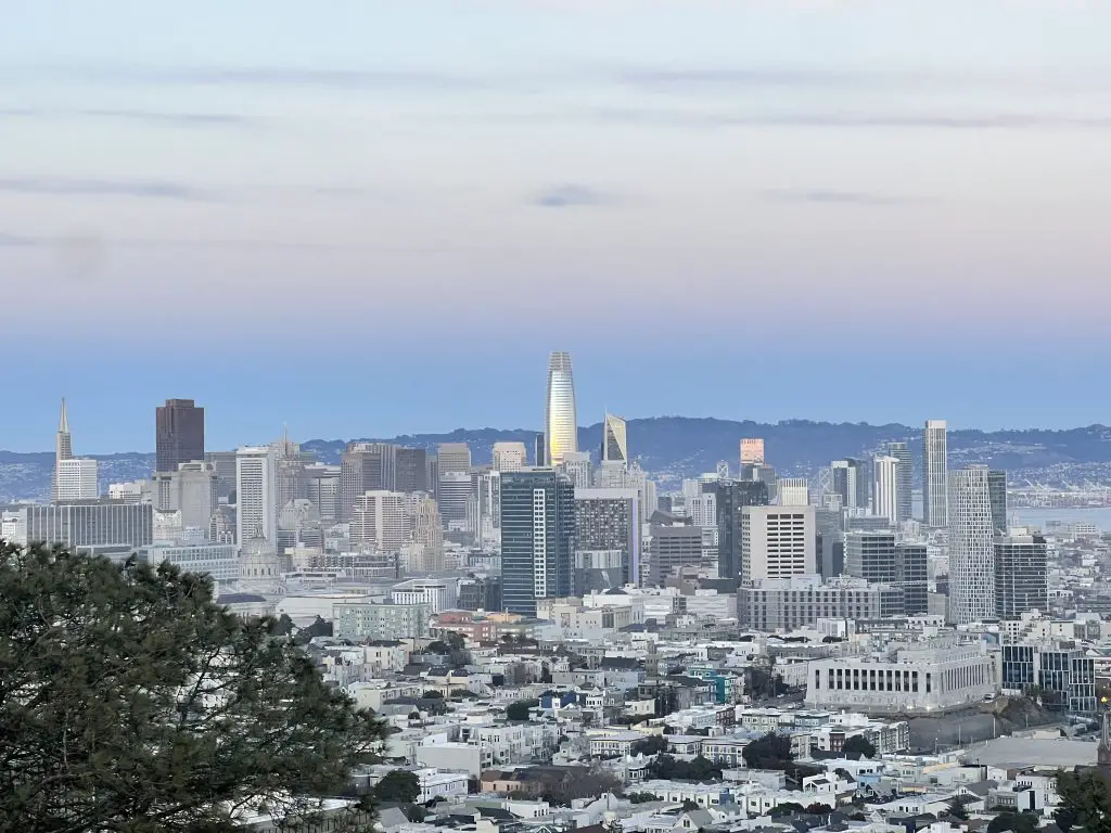 San Francisco skyline at sunset seen from Corona Heights Park.