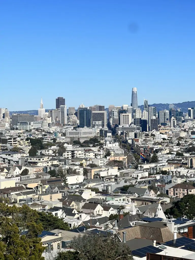 the view of the San Francisco skyline from Kite Hill in the Castro neighborhood of San Francisco. 