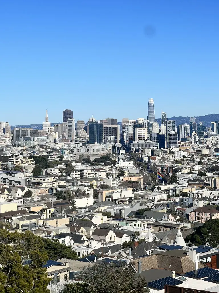 the view of the San Francisco skyline from Kite Hill in the Castro neighborhood of San Francisco.
