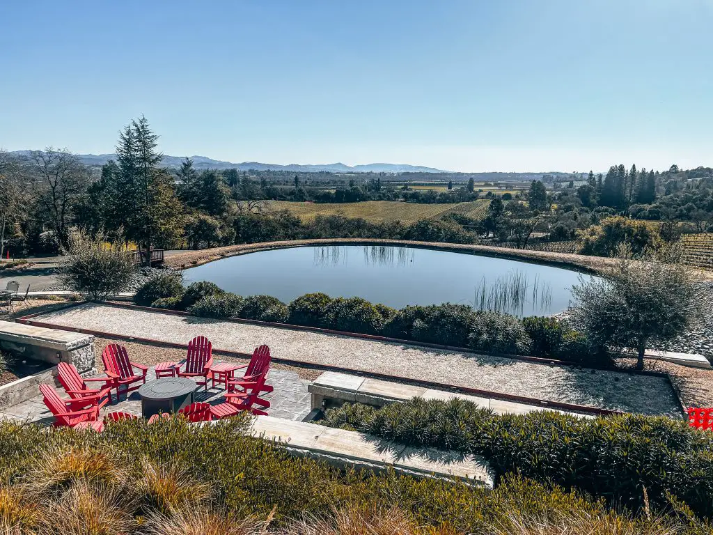 View of pond and vineyards from Armida winery in Healdsburg,CA.