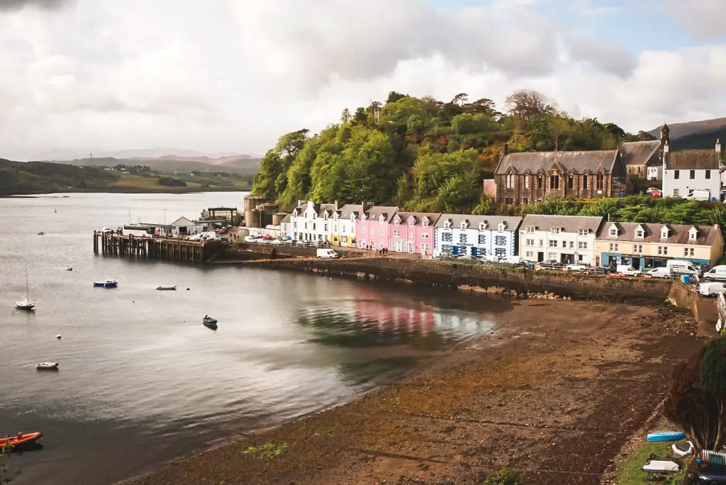 Colorful houses along the bay in Portree, Scotland.