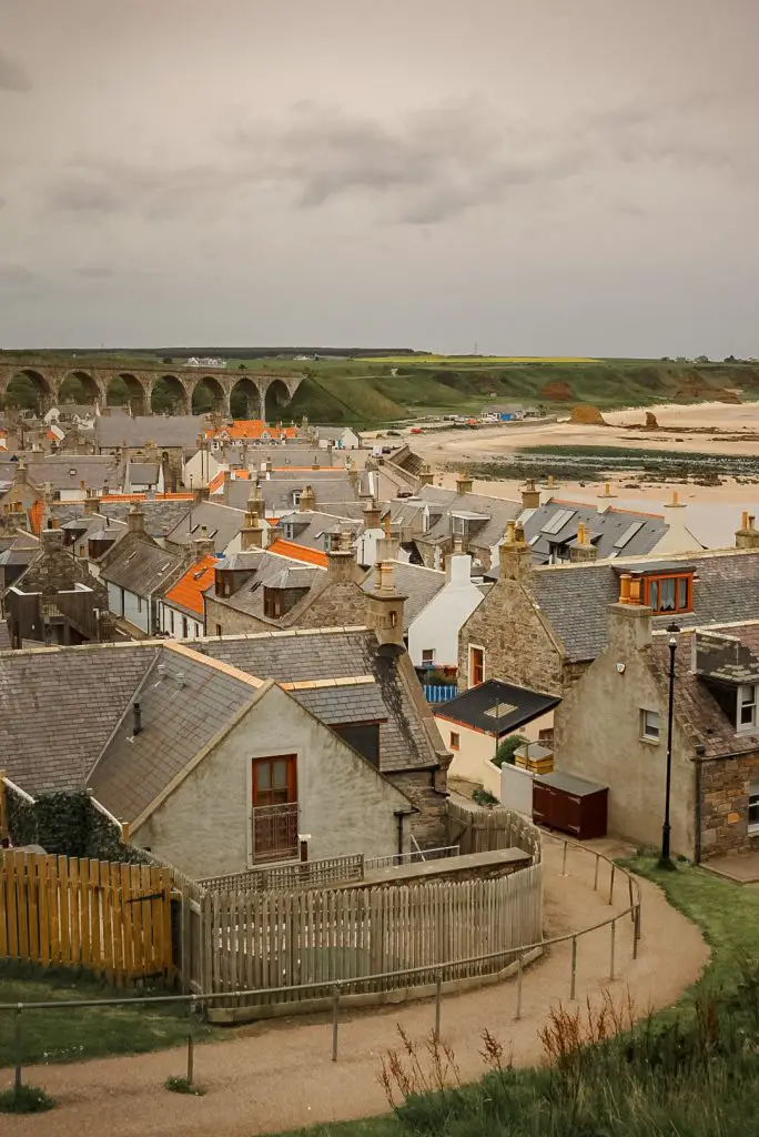 Viaduct and homes of Cullen Bay, Scotland.