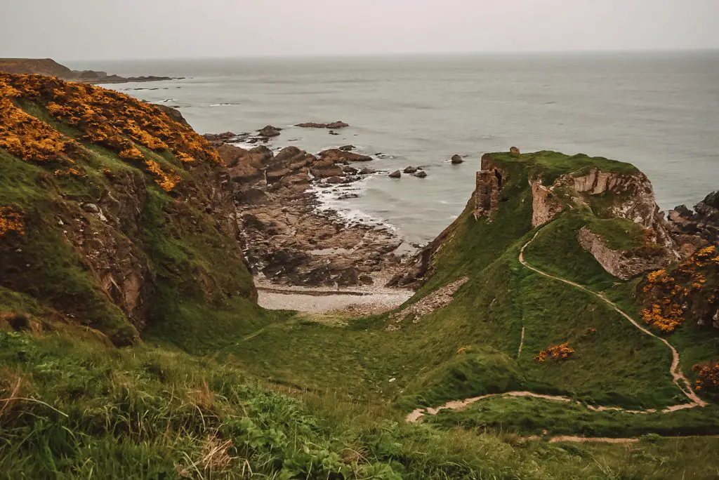 Findlater's Castle with a view of the sea in Scotland.