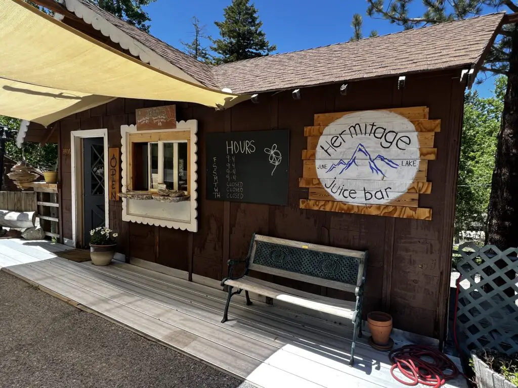 Hermitage Juice Bar store front in June Lake, California.