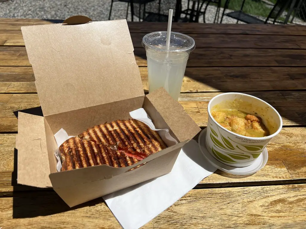 Sandwich, soup, and lemonade from Epic Cafe in June Lake.