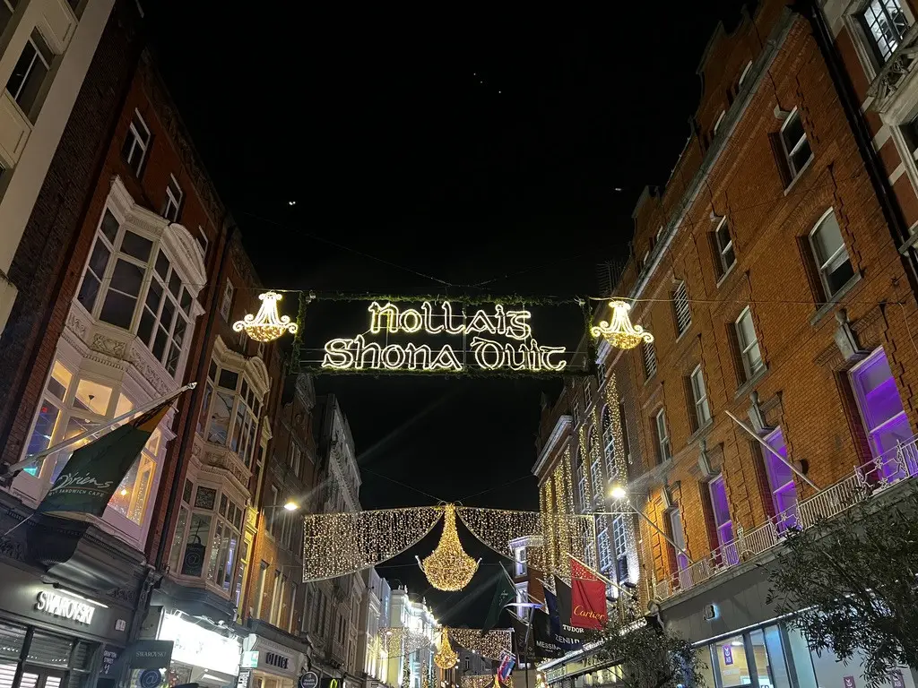 Grafton Street in Dublin, Ireland decorated for Christmas. 