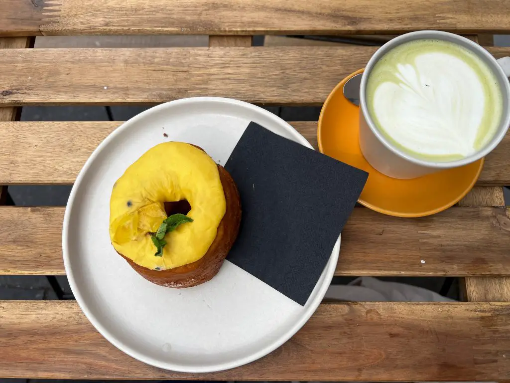 Donut and Matcha Latte in Inverness, Scotland.