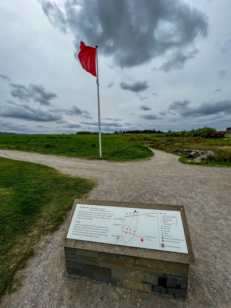 Red flag flying over Culloden Battlefield, Scotland.