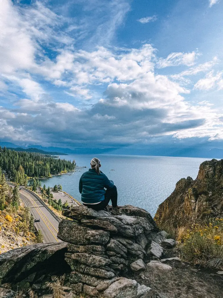 Overlooking South Lake Tahoe from Cave Rock Hiking Trail.