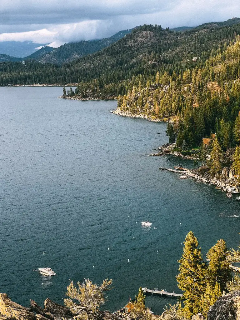 View of Lake Tahoe from the top of Cave Rock Trail in South Lake Tahoe, California.