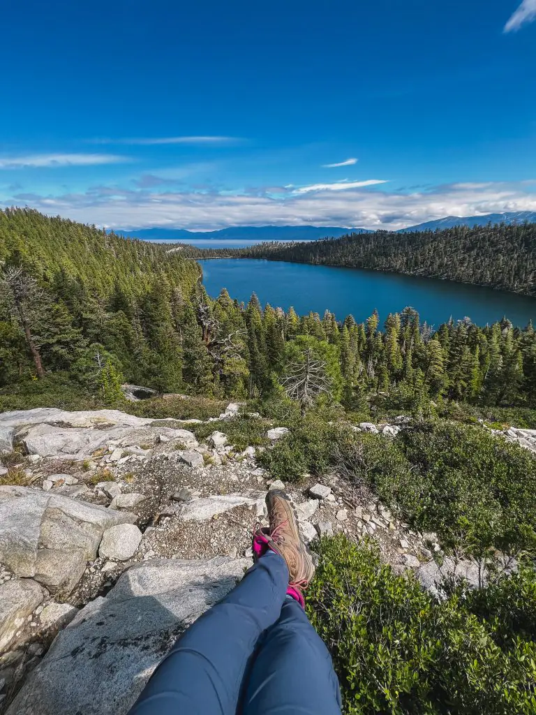 View of Cascade Lake and Lake Tahoe from the Cascade Falls hiking trail in South Lake Tahoe, California.