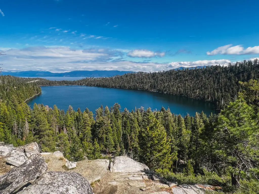 View of Lake Tahoe and Cascade Lake from Cascade Falls hiking trail in South Lake Tahoe, California.