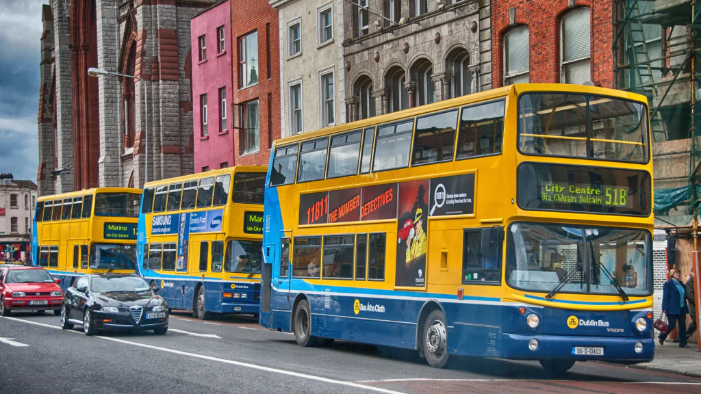 Buses on the street in Dublin.