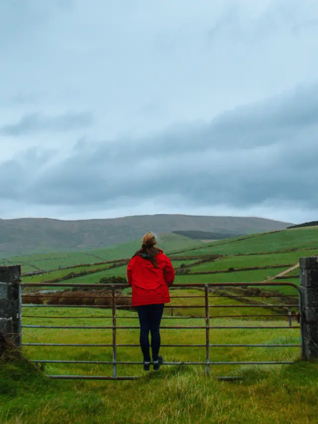 Katie standing on a fence overlooking the green fields of Ireland.