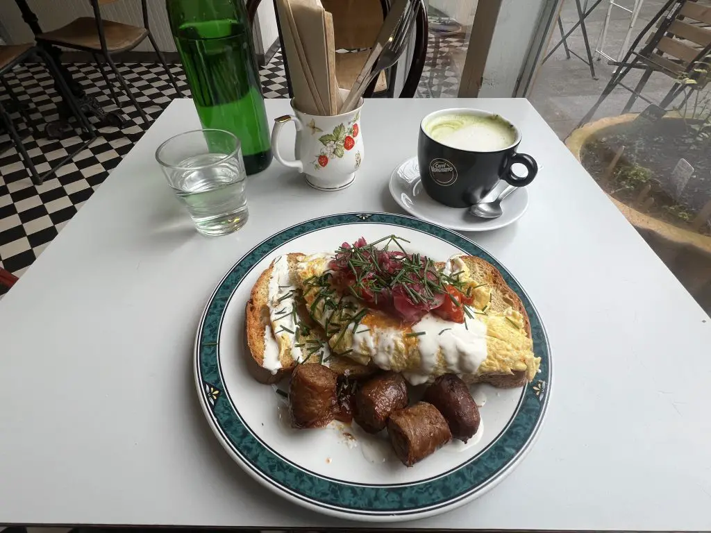 Breakfast plate with matcha latte. 