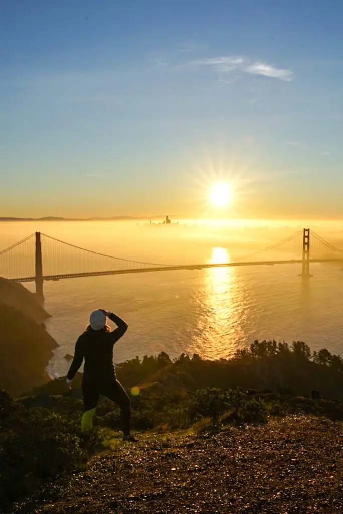 Sunrise over the Golden Gate Bridge.