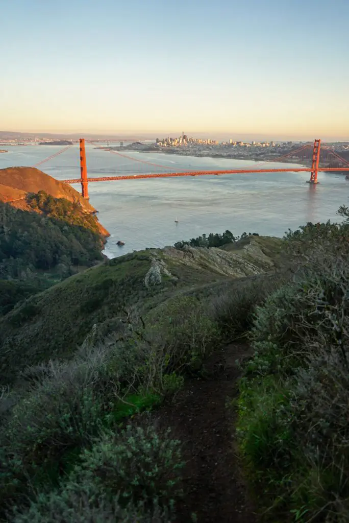 Golden Gate Bridge at sunset from Hawk Hill