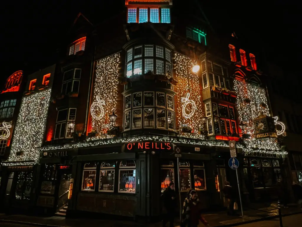 O'Neill's Pub decorated for Christmas in Dublin, Ireland.