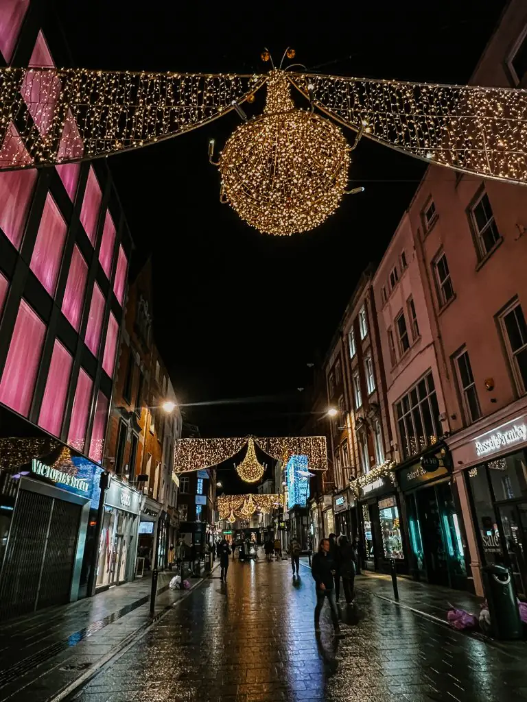 Christmas decorations on a rainy night in Dublin, Ireland.