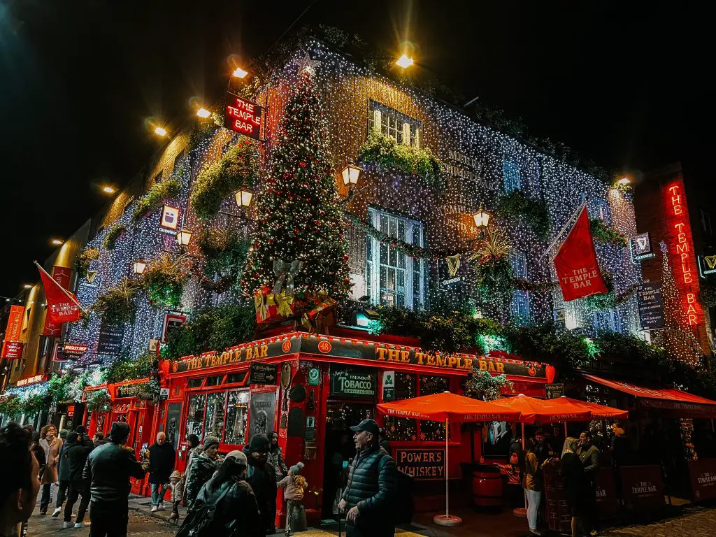 Temple Bar in Dublin, Ireland decorated for Christmas.