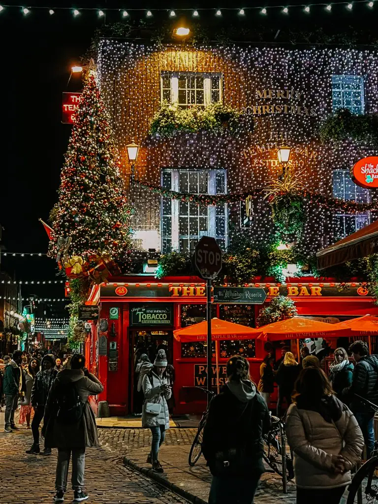 The Temple Bar Pub decorated for Christmas. 