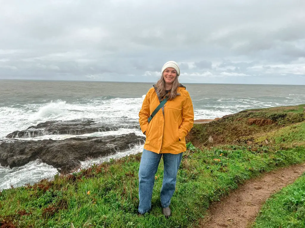 Wearing a yellow jacket on the Mendocino coast.