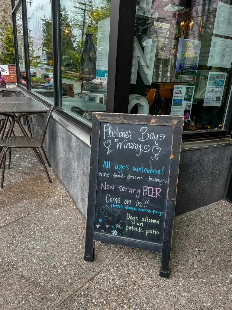 Sign outside of Fletcher Bay Winery on Bainbridge Island.