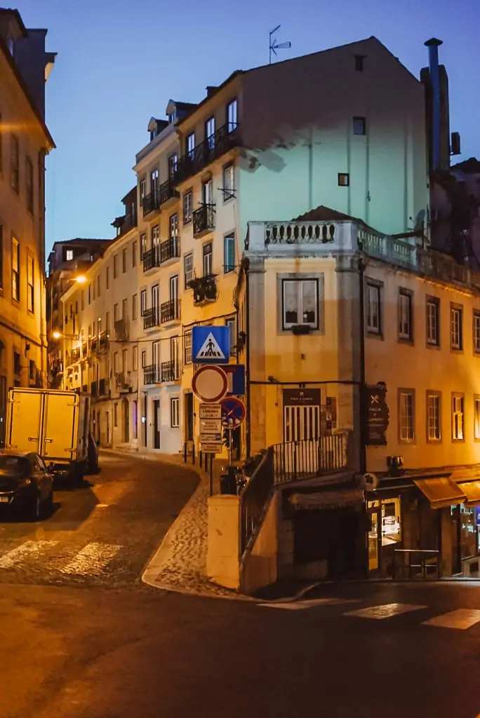 Streets of Bairro Alto in Lisbon, Portugal at night.