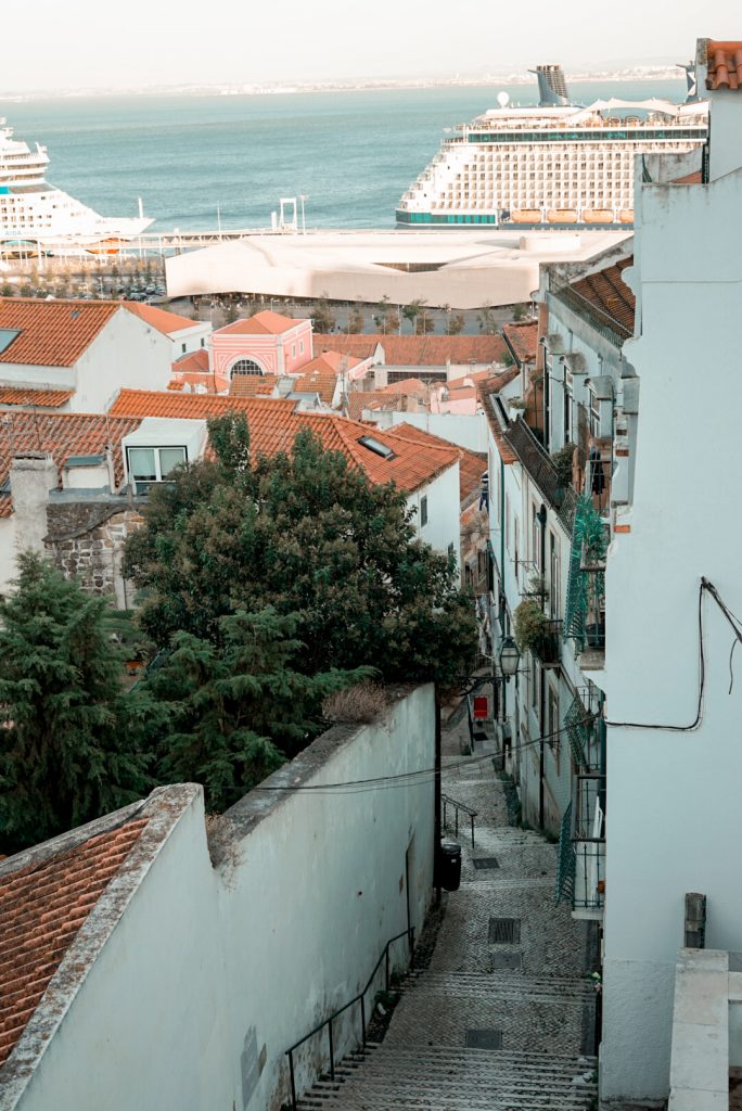 Steep narrow staircase in Lisbon, Portugal.