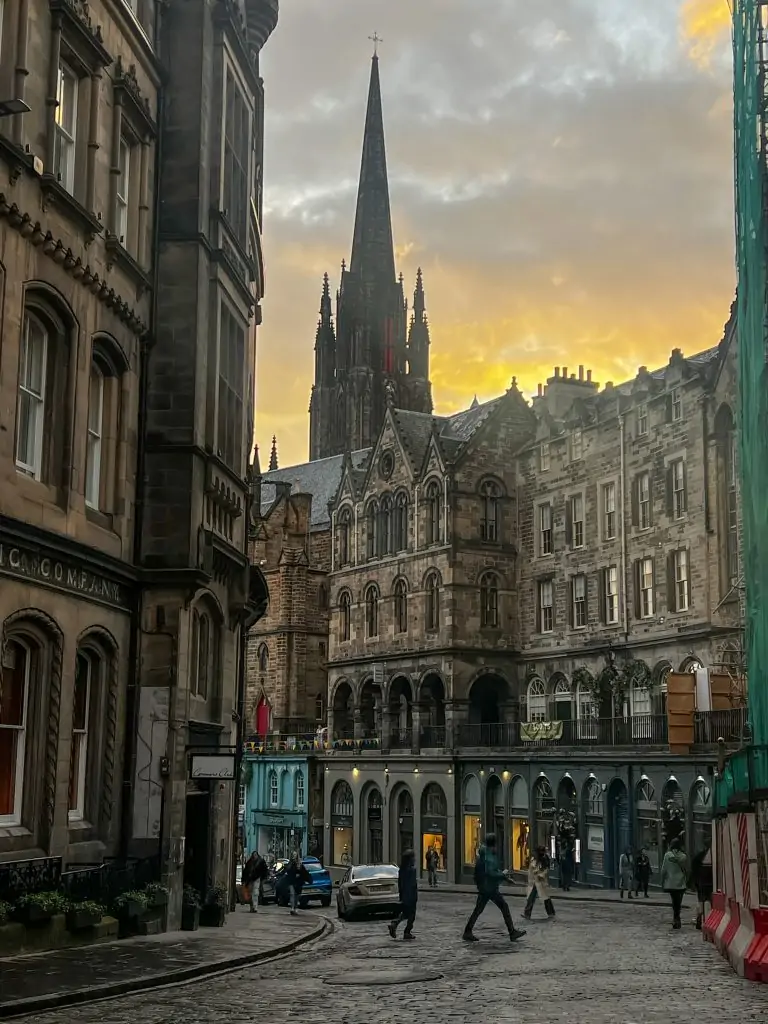 Victoria Street at sunset in Edinburgh, Scotland.