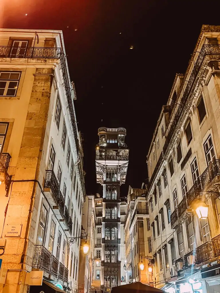 Santa Justa lift in Lisbon, Portugal at night.