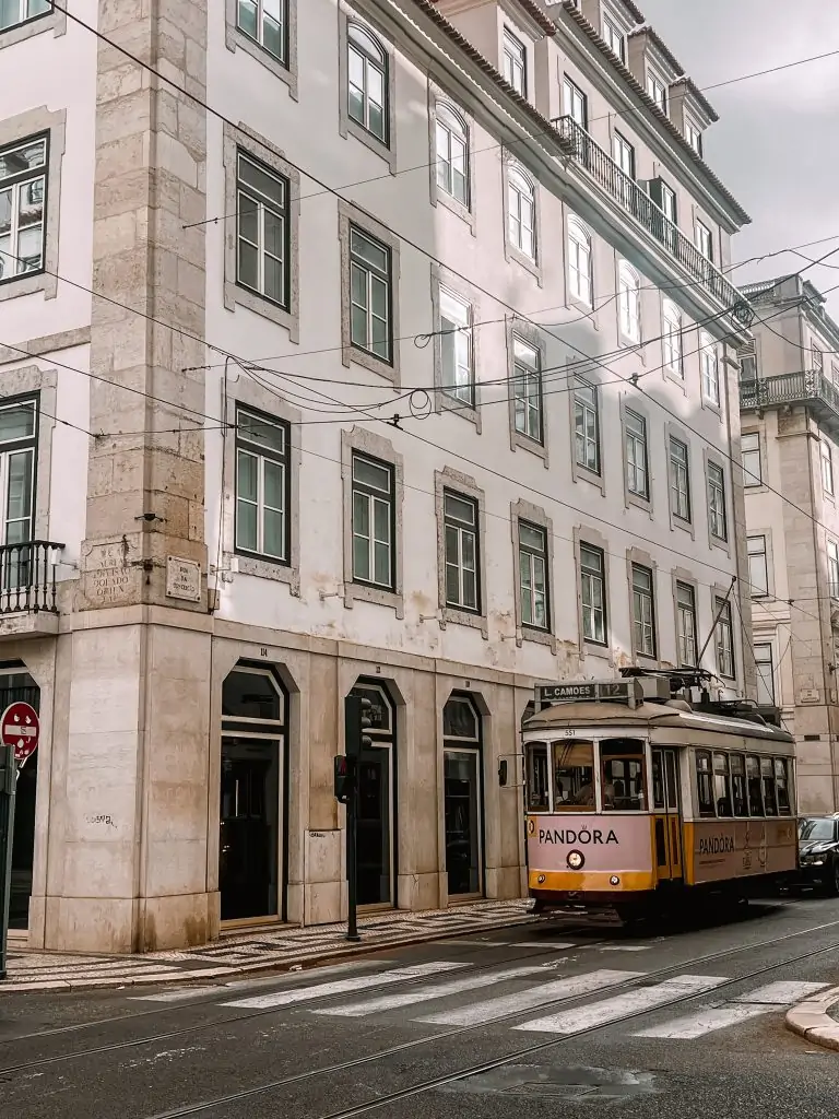 Historic Tram 28 on the streets of Lisbon, Portugal.