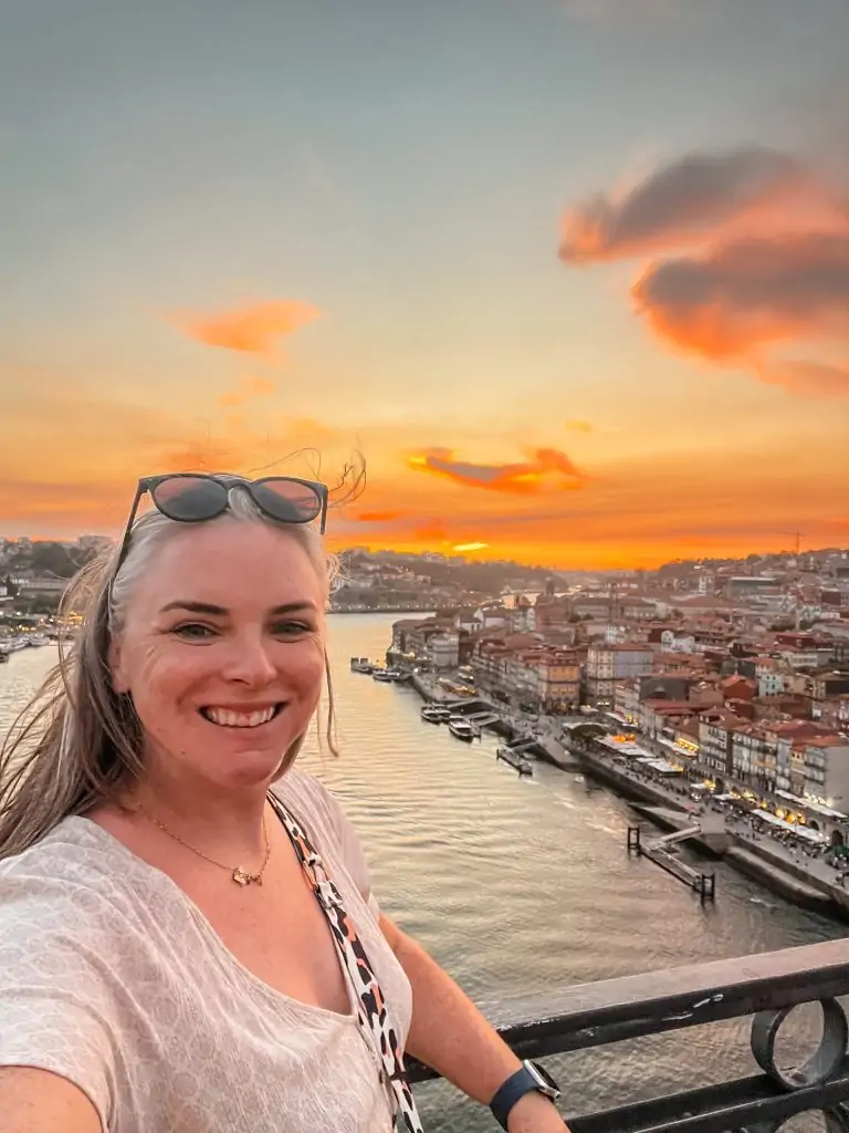 Sunset from Ponte Luís I Bridge in Porto, Portugal.