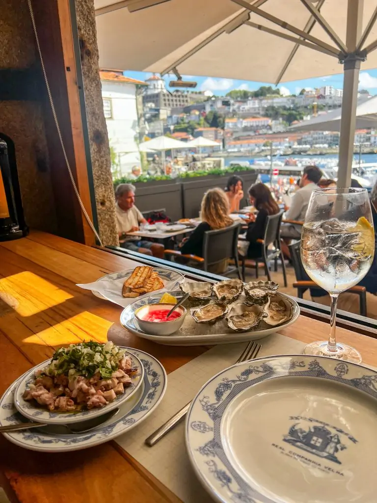 Plate of oysters and octopus salad overlooking a patio in Porto, Portugal.