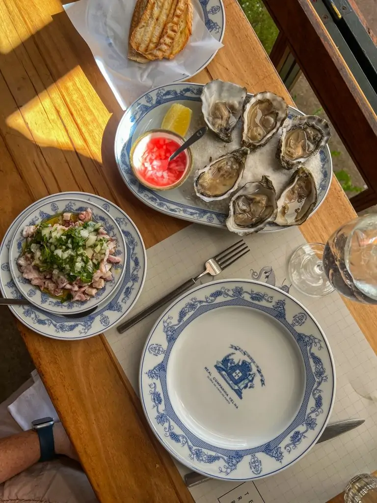 Oysters and octopus salad for lunch in Porto, Portugal.