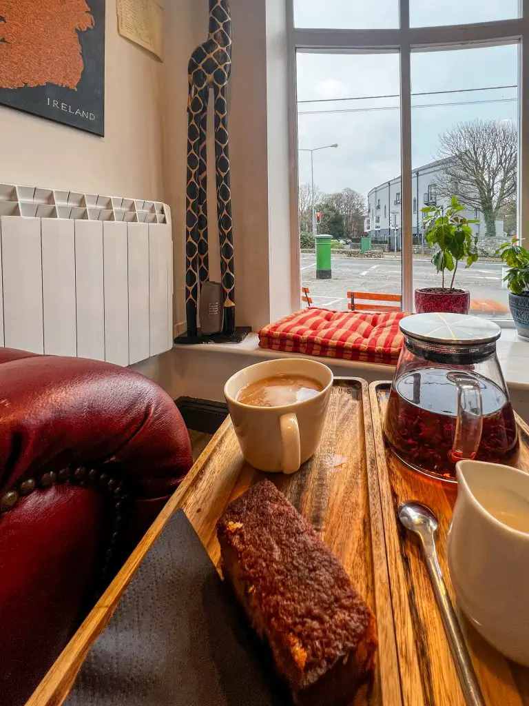 Tea and a window view in Barista Bus Cafe in Galway, Ireland.