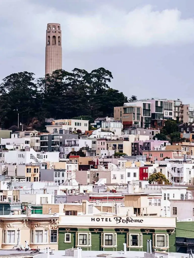 Coit Tower above North Beach in San Francisco, CA.