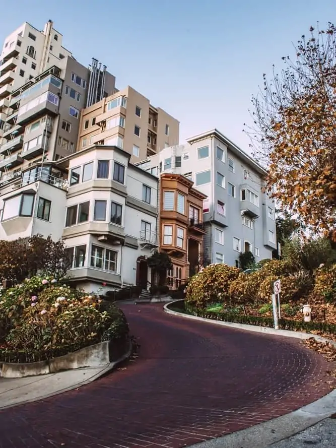 The bottom of Lombard Street in San Francisco, CA.