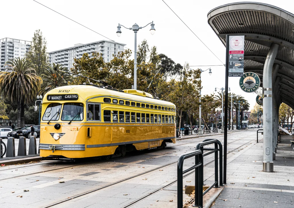 Yellow street car on the Embarcadero in San Francisco, CA.