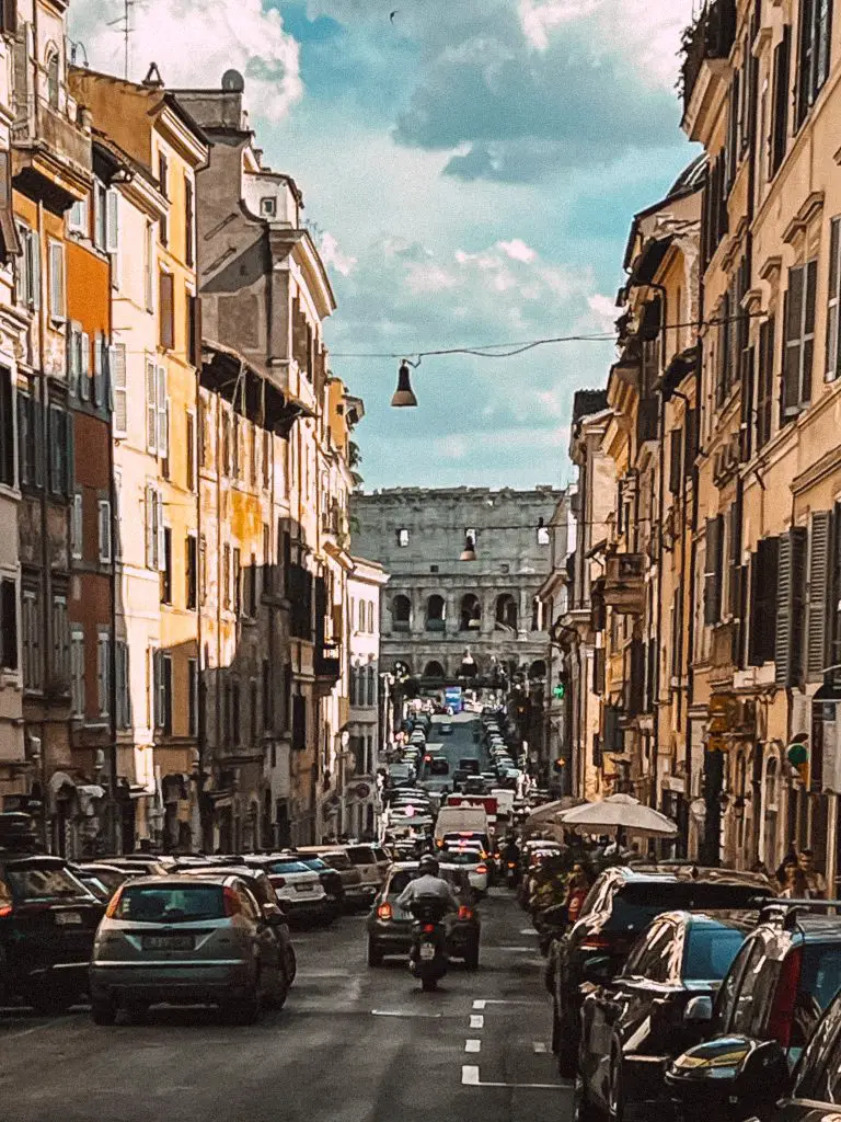 Road to the Colosseum in Monti, Rome, Italy.